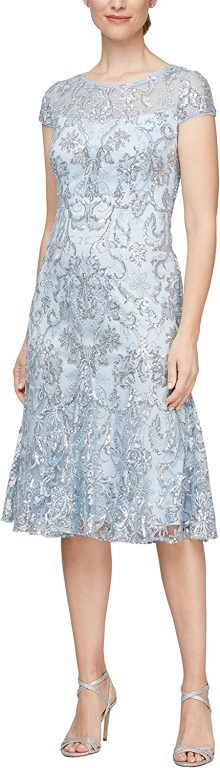 Alex Evenings Women’s Tea Length Embroidered Dress with Godets