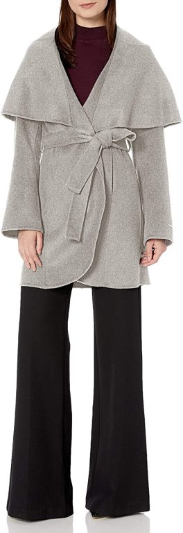 TAHARI Women’s Double Face Wool Blend Wrap Coat with Oversized Collar