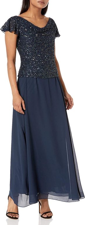 J Kara Women’s Beaded Cowl Neck Flutter Sleeve Long Dress