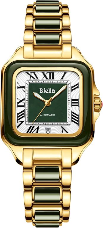 Diella Women Rectangle Dress Watch, Automatic Self Winding Watches for Women with Date, Waterproof Jade & Stainless Steel Watch, Roman Numerals Analog Watch(Model:AD6027L)