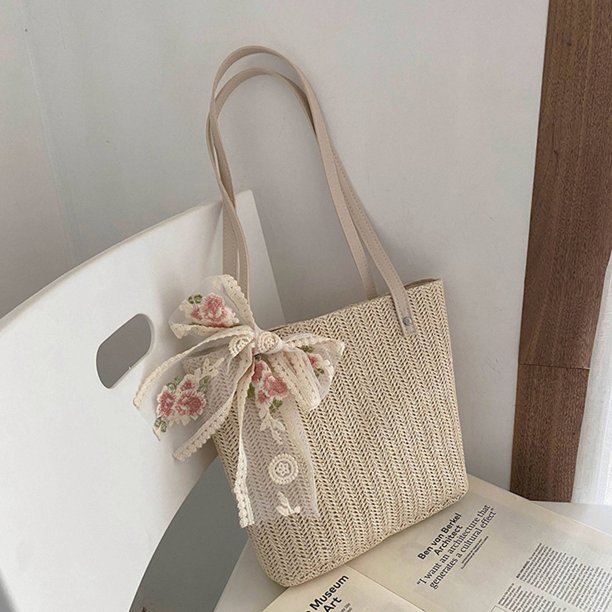 Women Summer Straw Bags Lace Bow Bag Capacity Casual Tote Bags Beach Travel Light Brown