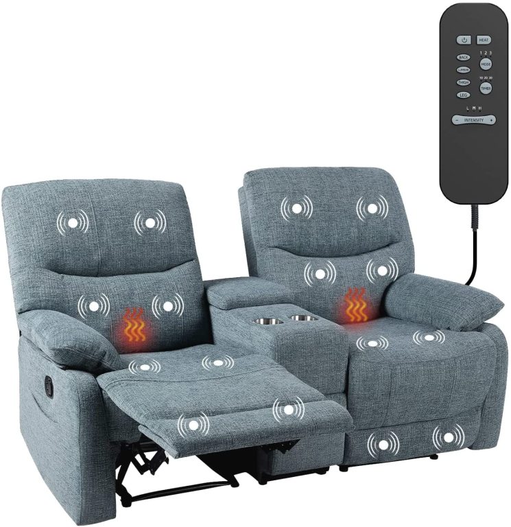 Reclining Sofa, Double Reclining Loveseat with Console, 2 Seater Sofa Home Theater Seating, Fabric Recliner Sofa Couches with Storage and Cup Holders