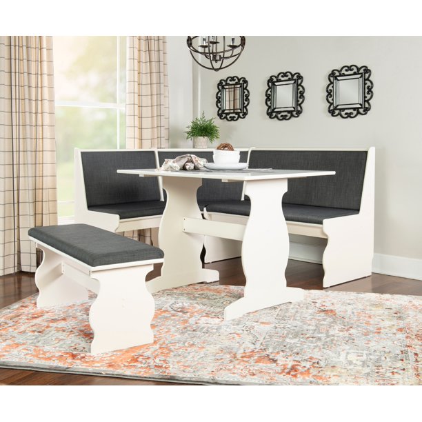 Linon Weston Corner Dining Breakfast Nook with Table and Bench, Seats 5-6, White Finish with Charcoal Fabric