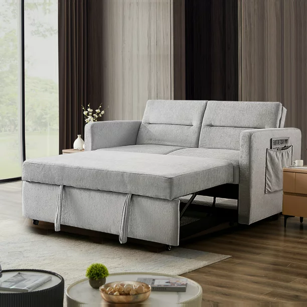 KINFFICT Small Sofa Bed, Modern Sofa Sleeper with Pull Out Bed, Upholstered Chenille Loveseat Sleeper for Living Room, Gray