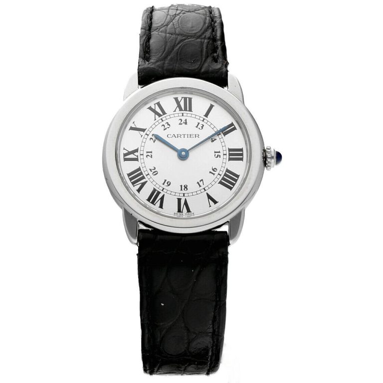 Cartier Ronde Solo 2933 Silver Roman Dial Steel Black Leather Quartz Wrist Watch