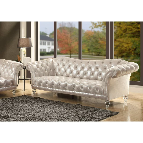 Acme Dixie Metallic Silver Fabric Tufted Sofa with Acrylic Legs