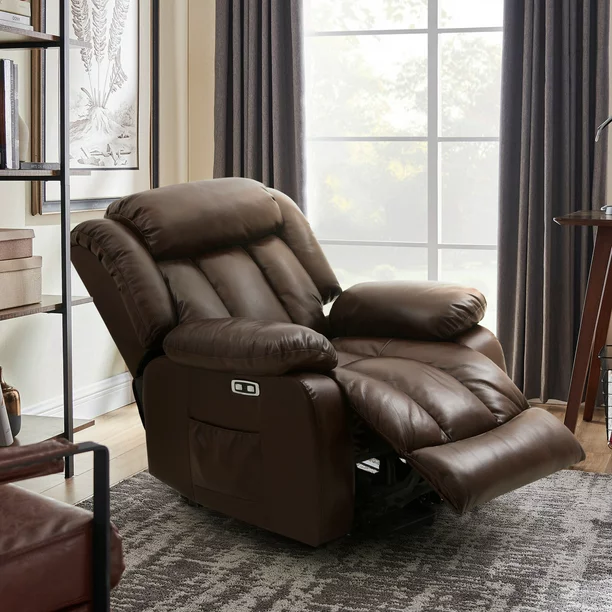 MERITLIFE Real Leather Power Lift Chair Electric Recliner Sofa, Electric Living Room Chair (Brown)