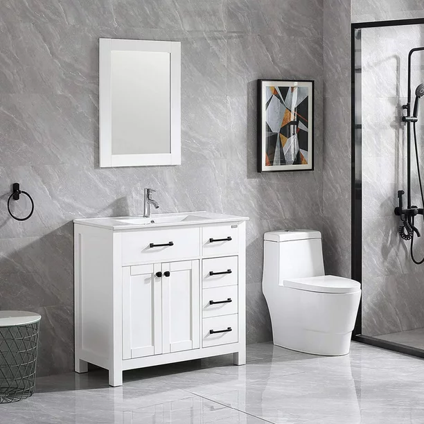 Wonline 36″ White Bathroom Vanity Wood Cabinet and Mirror Vanities Set Free Standing Vanity Only