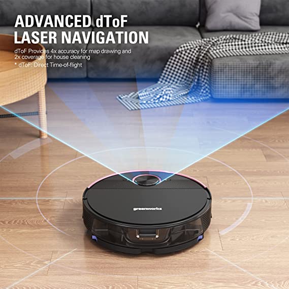 GreenWorks GRV-5011 Robot Vacuum Cleaner with DToF Laser Navigation Technology, 3.3IN Thin Body, Vacuum and MOP 2 in 1, Auto Sweeper for Pet Hair, Hard Floor, Carpet