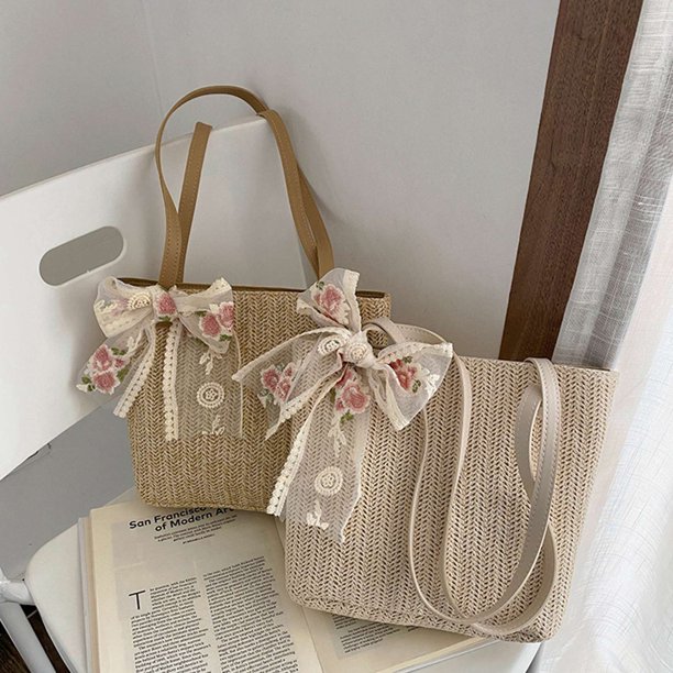 Women Summer Straw Bags Lace Bow Bag Capacity Casual Tote Bags Beach Travel Light Brown