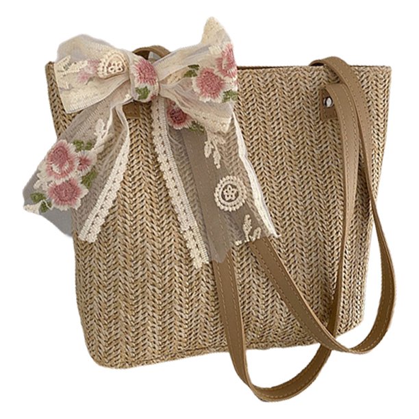 Women Summer Straw Bags Lace Bow Bag Capacity Casual Tote Bags Beach Travel Light Brown