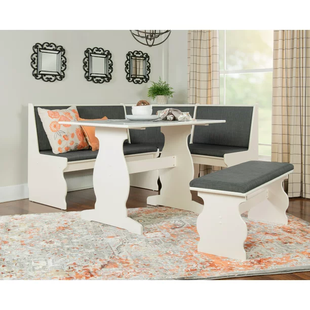 Linon Weston Corner Dining Breakfast Nook with Table and Bench, Seats 5-6, White Finish with Charcoal Fabric